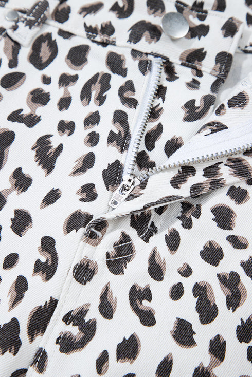 White Leopard Frayed Hem Denim Shorts